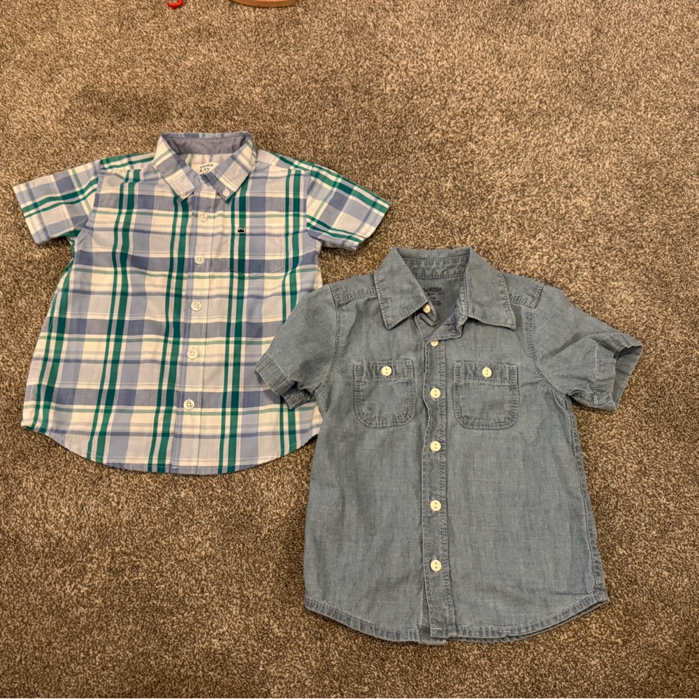 Crown & Ivy Green Blue Plaid Button up dress shirt 3T & Oshkosh Chambray blue